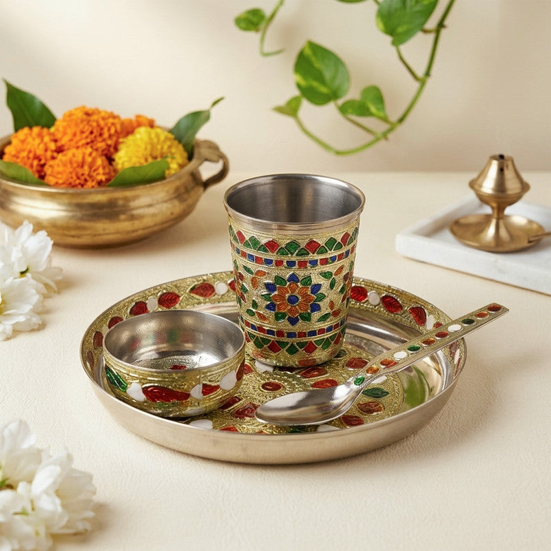 ROLIMOLI Laddu Gopal ji ke Bartan/Pooja bhog thali Small 4 pcs set Multicolor Bhog Thali with Glass Bowl and Spoon Stainless Steel