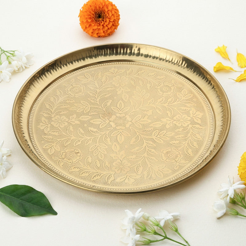 ROLIMOLI Handmade Pure Brass Puja Thali with Flower Embossed Design | 7 Inch Brass Aarti Plate for Puja, Mandir & Temple | Traditional Pooja Thali for Diwali, Griha Pravesh & Festival Gift