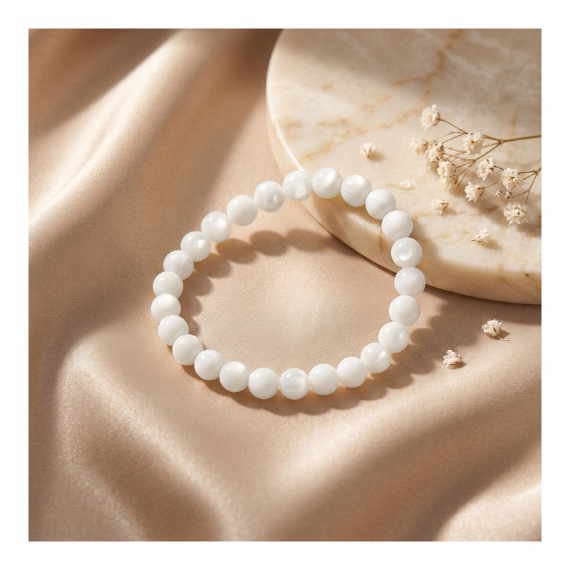 ROLIMOLI Mother of Pearl Bracelet | Natural 8mm Beads Adjustable Bracelet | Healing Crystal Pearl Beaded Bracelet For Balance, Harmony & Positive Energy (Men And Women)