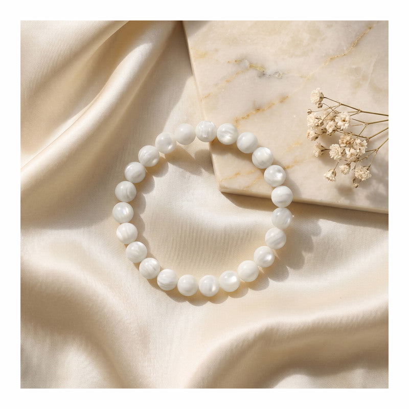 ROLIMOLI Mother of Pearl Bracelet | Natural 8mm Beads Adjustable Bracelet | Healing Crystal Pearl Beaded Bracelet For Balance, Harmony & Positive Energy (Men And Women)