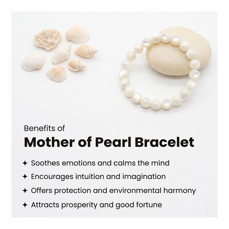 ROLIMOLI Mother of Pearl Bracelet | Natural 8mm Beads Adjustable Bracelet | Healing Crystal Pearl Beaded Bracelet For Balance, Harmony & Positive Energy (Men And Women)
