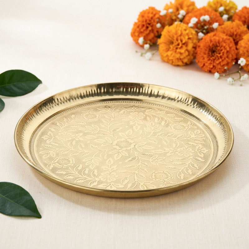 ROLIMOLI Handmade Pure Brass Puja Thali with Flower Embossed Design | 7 Inch Brass Aarti Plate for Puja, Mandir & Temple | Traditional Pooja Thali for Diwali, Griha Pravesh & Festival Gift