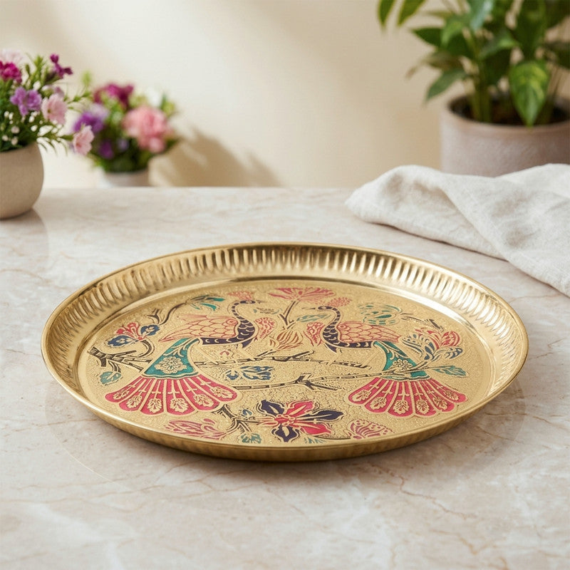 ROLIMOLI Pure Brass Peacock Thali | Peacock Designer Brass Plate | Premium Peacock Design Pooja thali (Size - 8 inches)