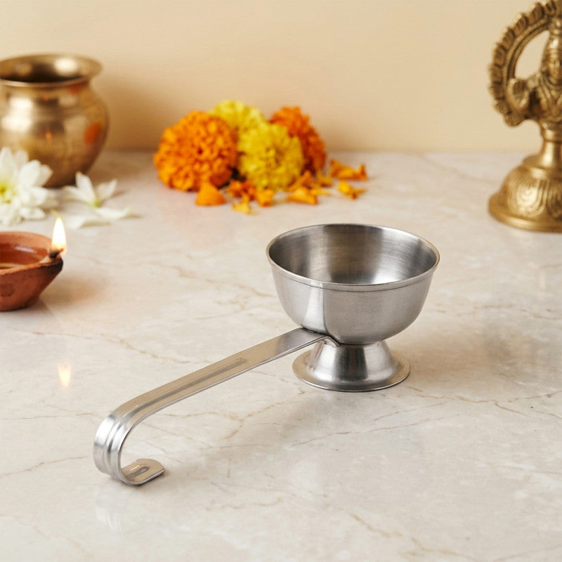 Stainless Steel Dhuni Cup with Long Handle 17.5cm Traditional Pooja Burner for Dhoop Camphor Aarti Rituals Durable Religious Tool (17.5cm)