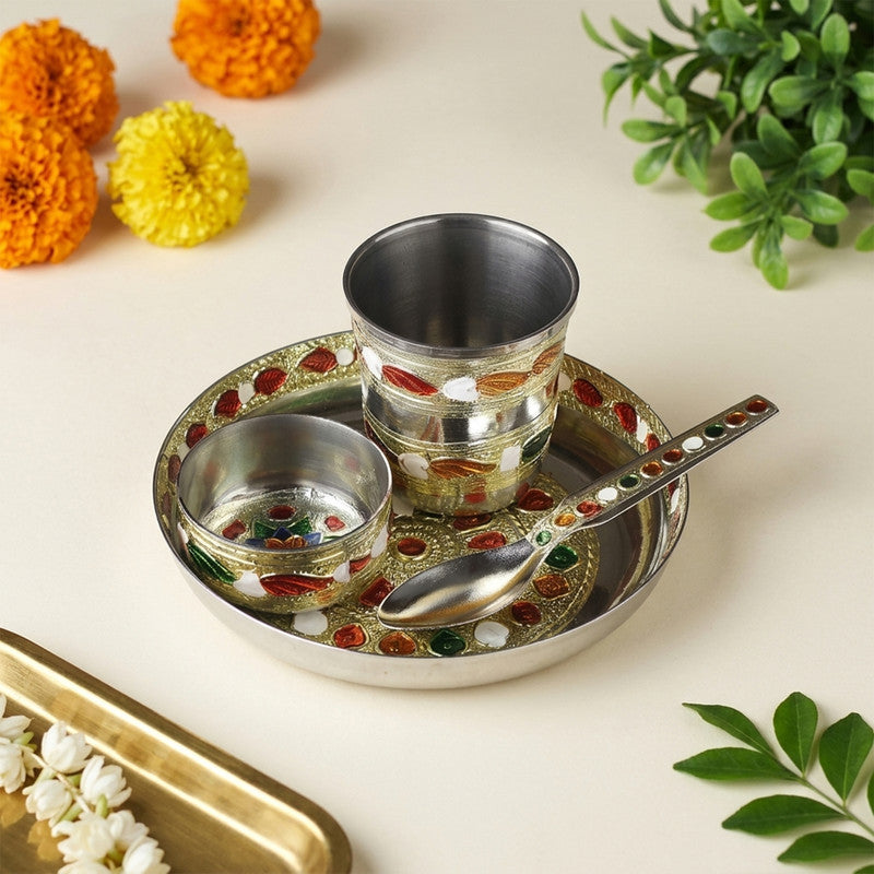 ROLIMOLI Laddu Gopal ji ke Bartan/Pooja bhog thali Small 4 pcs set Multicolor Bhog Thali with Glass Bowl and Spoon Stainless Steel