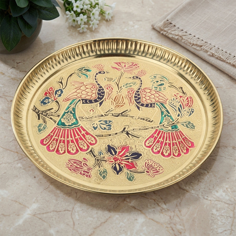ROLIMOLI Pure Brass Peacock Thali | Peacock Designer Brass Plate | Premium Peacock Design Pooja thali (Size - 8 inches)
