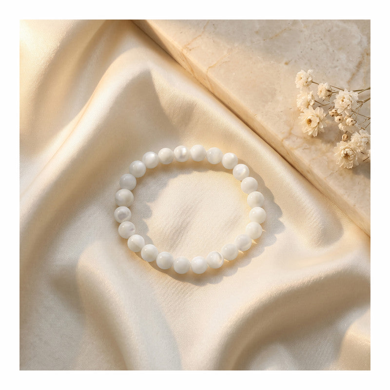 ROLIMOLI Mother of Pearl Bracelet | Natural 8mm Beads Adjustable Bracelet | Healing Crystal Pearl Beaded Bracelet For Balance, Harmony & Positive Energy (Men And Women)
