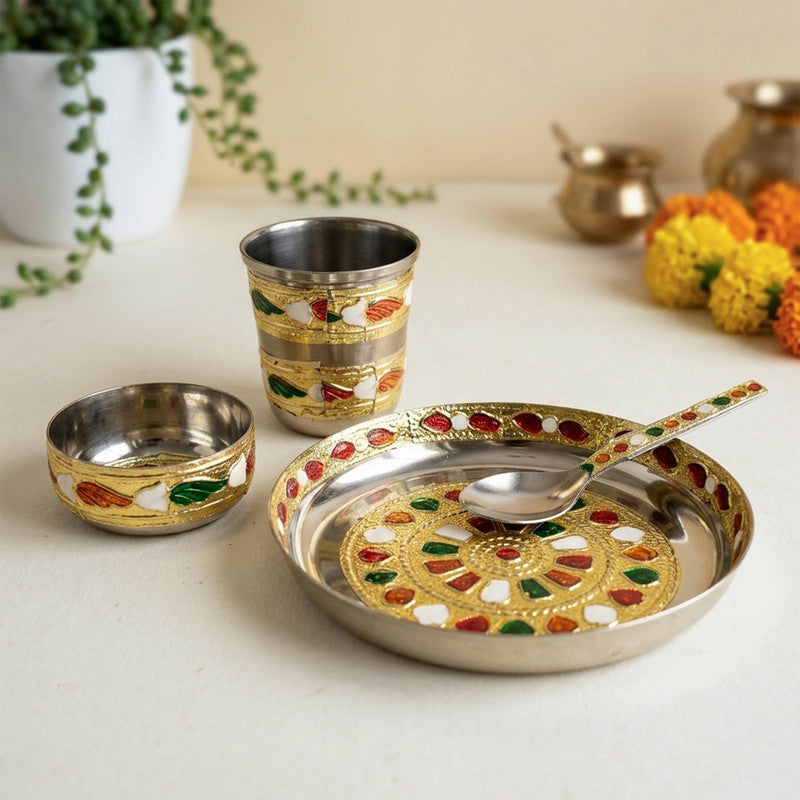 ROLIMOLI Laddu Gopal ji ke Bartan/Pooja bhog thali Small 4 pcs set Multicolor Bhog Thali with Glass Bowl and Spoon Stainless Steel