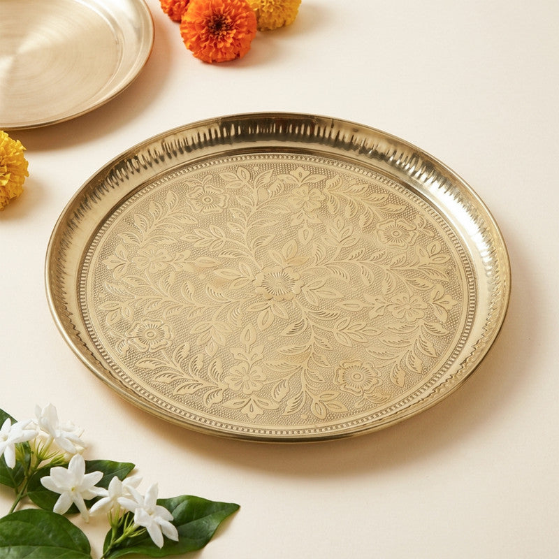 ROLIMOLI Handmade Pure Brass Puja Thali with Flower Embossed Design | 7 Inch Brass Aarti Plate for Puja, Mandir & Temple | Traditional Pooja Thali for Diwali, Griha Pravesh & Festival Gift