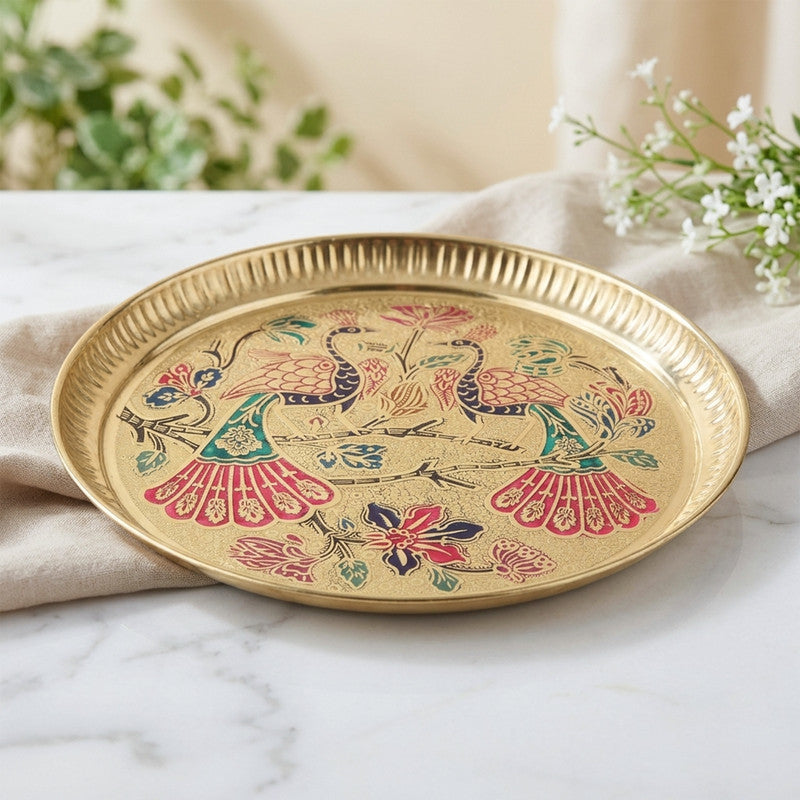ROLIMOLI Pure Brass Peacock Thali | Peacock Designer Brass Plate | Premium Peacock Design Pooja thali (Size - 8 inches)