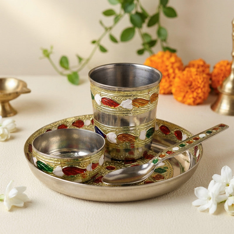 ROLIMOLI Laddu Gopal ji ke Bartan/Pooja bhog thali Small 4 pcs set Multicolor Bhog Thali with Glass Bowl and Spoon Stainless Steel
