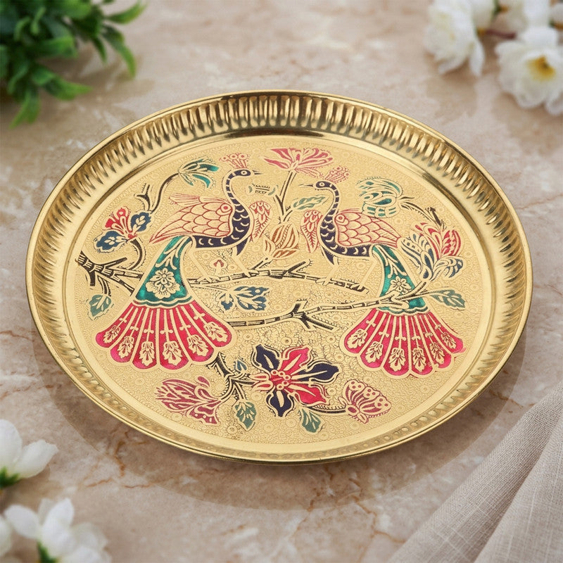 ROLIMOLI Pure Brass Peacock Thali | Peacock Designer Brass Plate | Premium Peacock Design Pooja thali (Size - 8 inches)