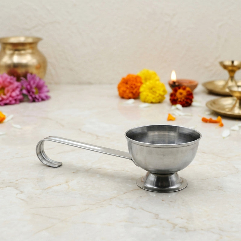Stainless Steel Dhuni Cup with Long Handle 17.5cm Traditional Pooja Burner for Dhoop Camphor Aarti Rituals Durable Religious Tool (17.5cm)