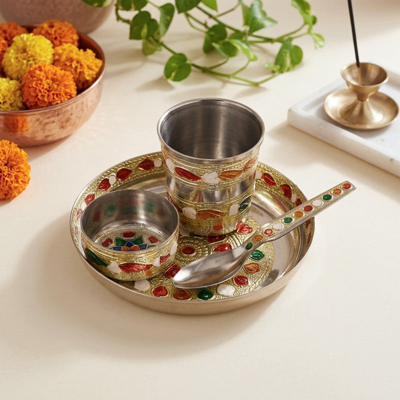 ROLIMOLI Laddu Gopal ji ke Bartan/Pooja bhog thali Small 4 pcs set Multicolor Bhog Thali with Glass Bowl and Spoon Stainless Steel
