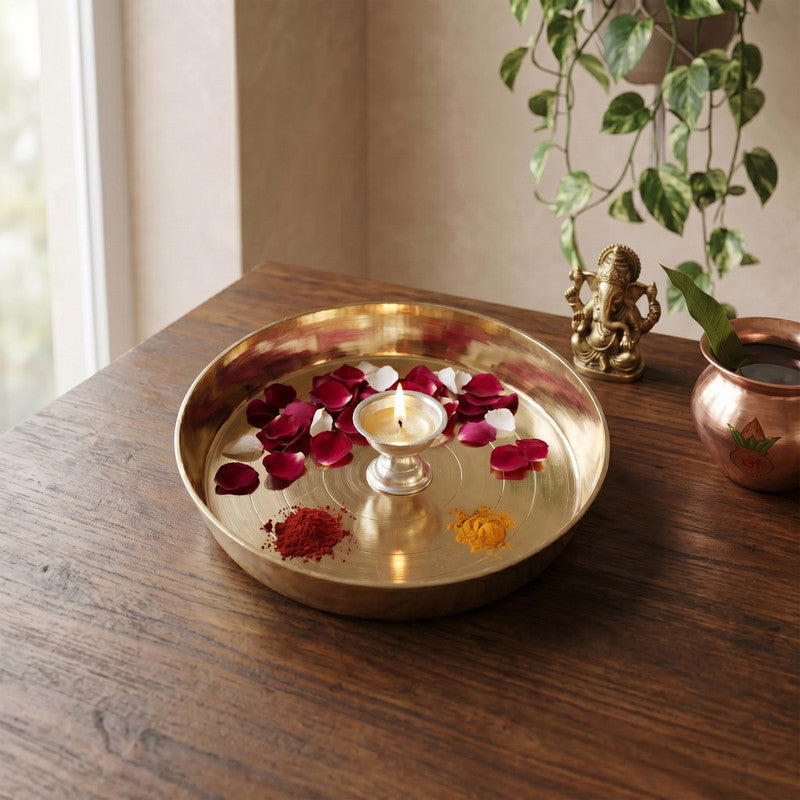 ROLIMOLI Brass Plain Design Heavy Plate for Store kumkum, haldi, akshat, Prashad/Heavy Small thali for Pooja Purpose Round Shape Plate (Size - 14.5cm)