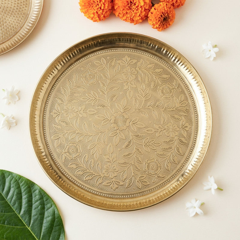 ROLIMOLI Handmade Pure Brass Puja Thali with Flower Embossed Design | 7 Inch Brass Aarti Plate for Puja, Mandir & Temple | Traditional Pooja Thali for Diwali, Griha Pravesh & Festival Gift