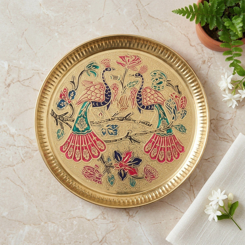 ROLIMOLI Pure Brass Peacock Thali | Peacock Designer Brass Plate | Premium Peacock Design Pooja thali (Size - 8 inches)