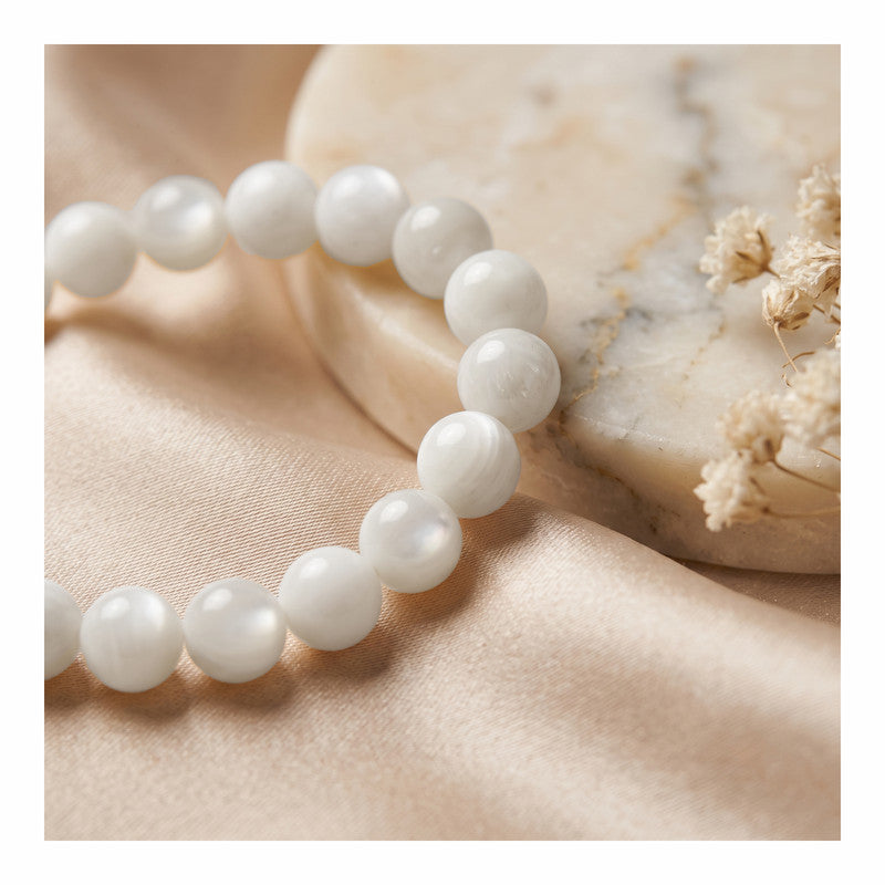 ROLIMOLI Mother of Pearl Bracelet | Natural 8mm Beads Adjustable Bracelet | Healing Crystal Pearl Beaded Bracelet For Balance, Harmony & Positive Energy (Men And Women)