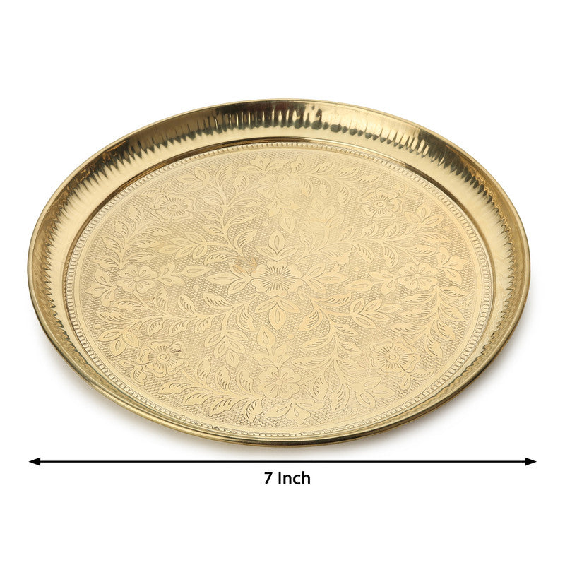 ROLIMOLI Handmade Pure Brass Puja Thali with Flower Embossed Design | 7 Inch Brass Aarti Plate for Puja, Mandir & Temple | Traditional Pooja Thali for Diwali, Griha Pravesh & Festival Gift