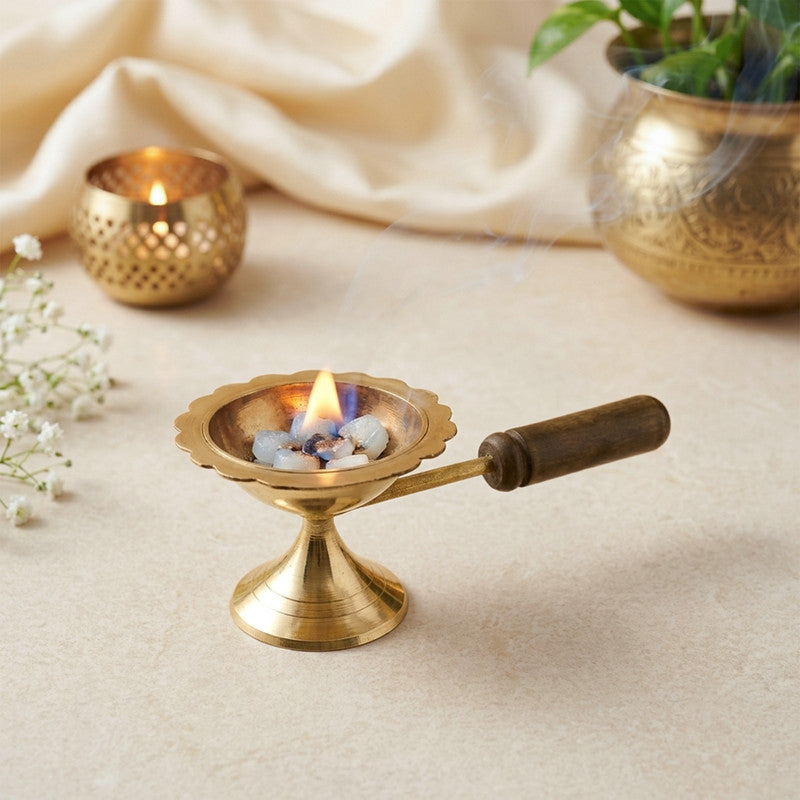 ROLIMOLI Brass Dhoop Dani | Incense Dhup Burner,Brass Handcrafted Puja Dhoop,Dhoop Dhuni, Sambrani Dhoop,with Wooden Handle Set of 1