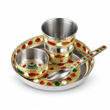 ROLIMOLI Laddu Gopal ji ke Bartan/Pooja bhog thali Small 4 pcs set Multicolor Bhog Thali with Glass Bowl and Spoon Stainless Steel