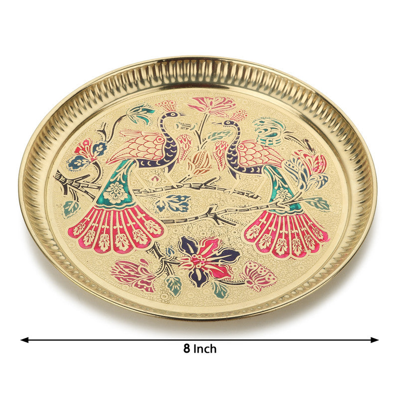 ROLIMOLI Pure Brass Peacock Thali | Peacock Designer Brass Plate | Premium Peacock Design Pooja thali (Size - 8 inches)